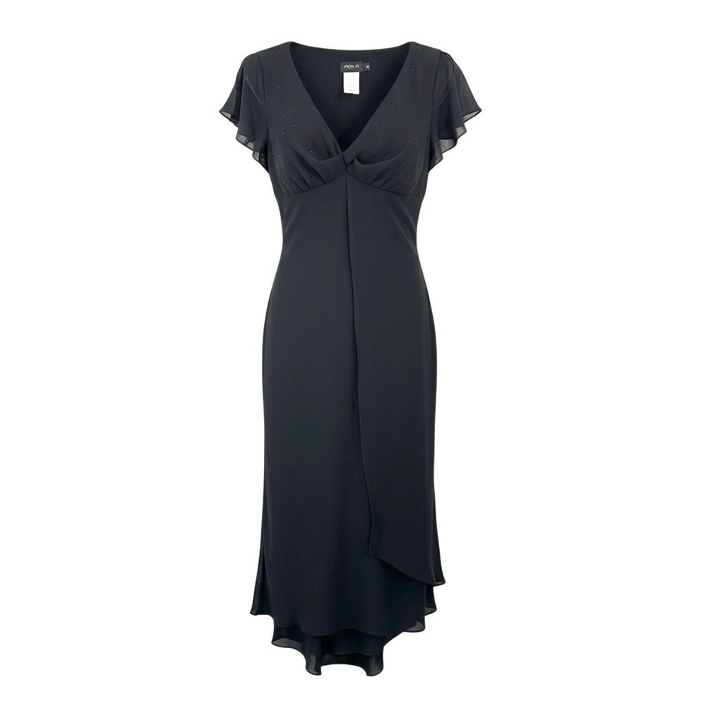 VTG CDC Black‎ Beaded V Neck Flutter fit flare Midi Dress whimsigoth Size 8